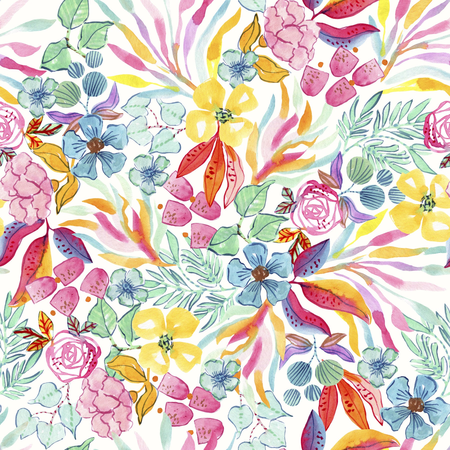 Charmerende blomstret tapet med illustration af en eng