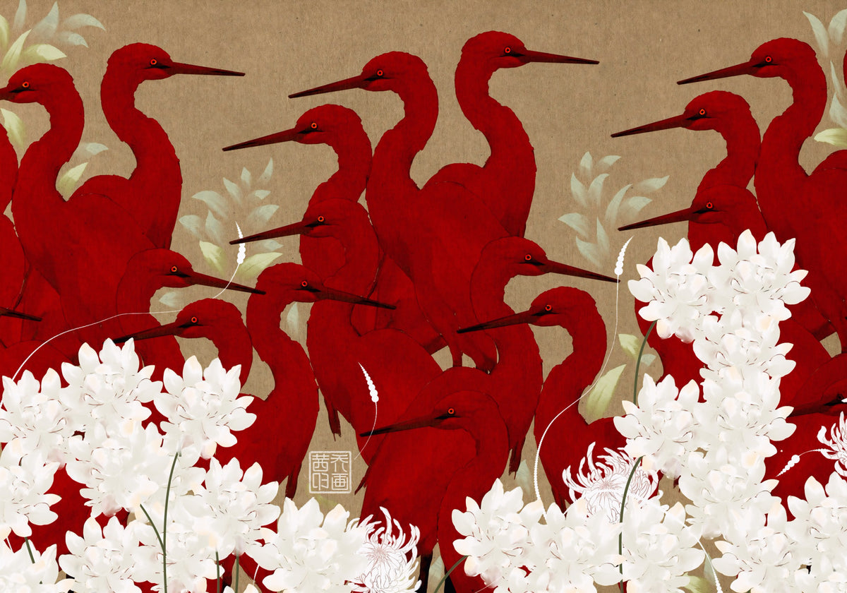 Crimson Herons and White Blossoms Wall Mural in your room