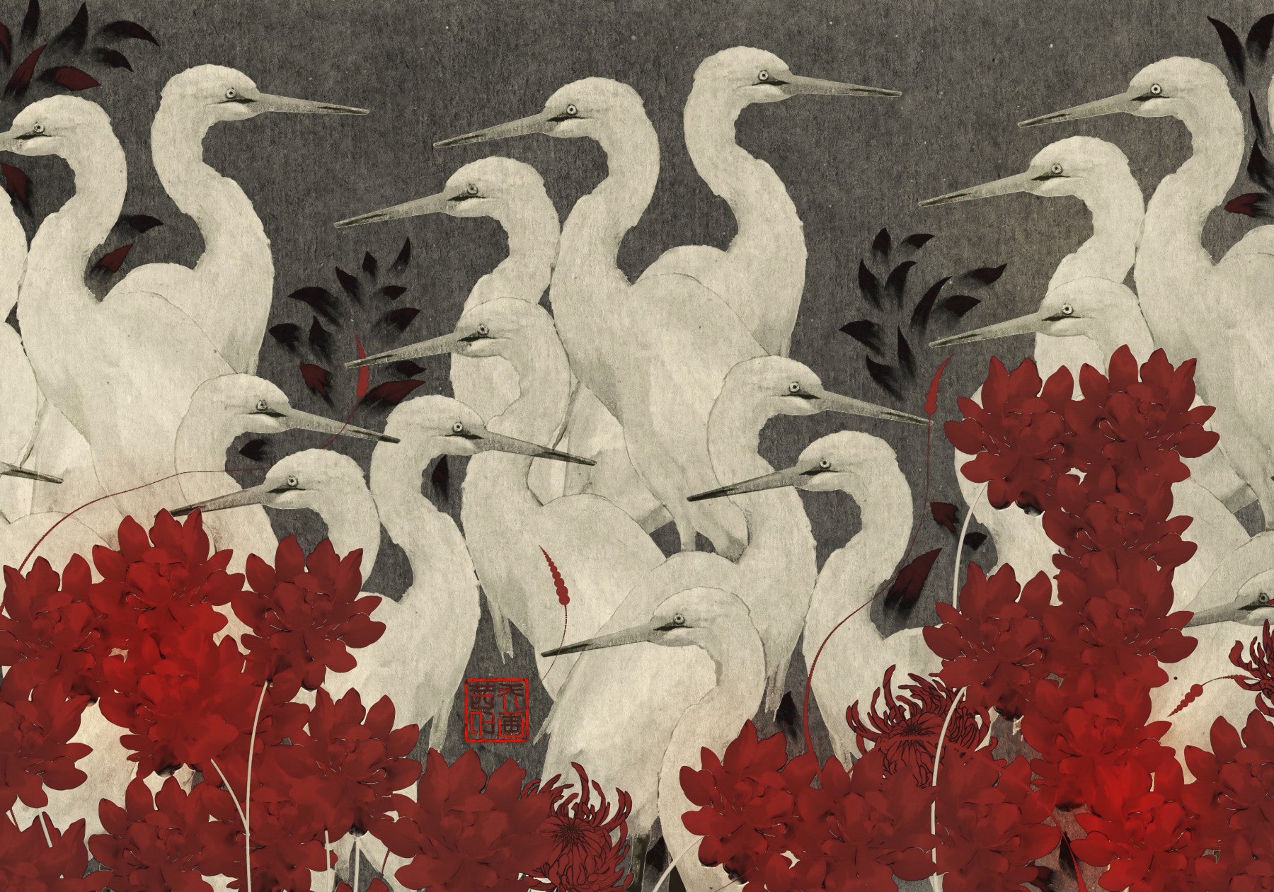 Crimson Crane Assemblage Floral Wall Mural