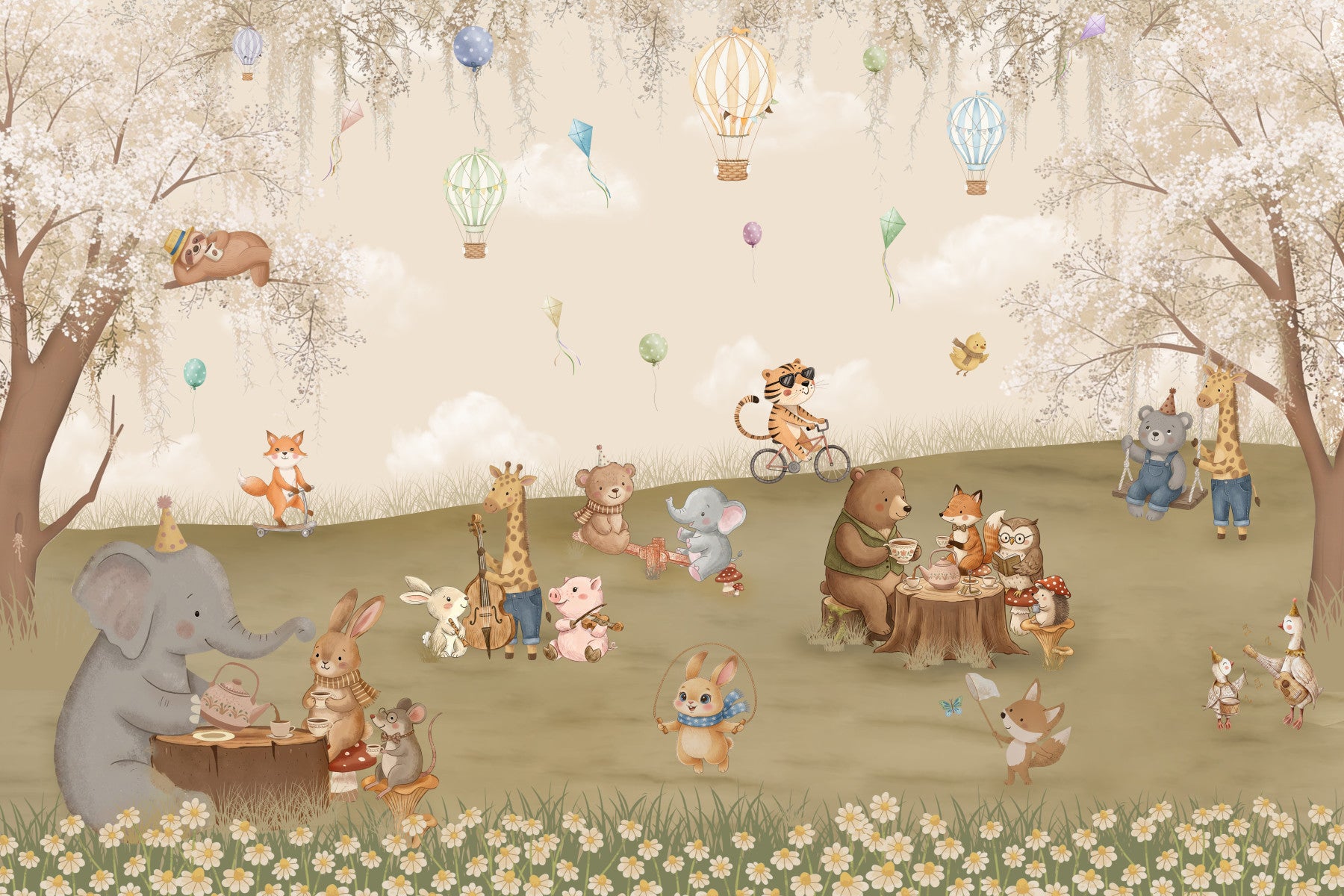 Fresque murale « Le goûter des amis de la forêt dans la prairie »