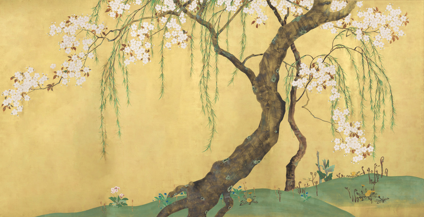 Papier peint panoramique mural « Saule oriental et jardin fleuri »