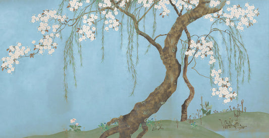 Murale da parete Serene con salice in fiore di ciliegio