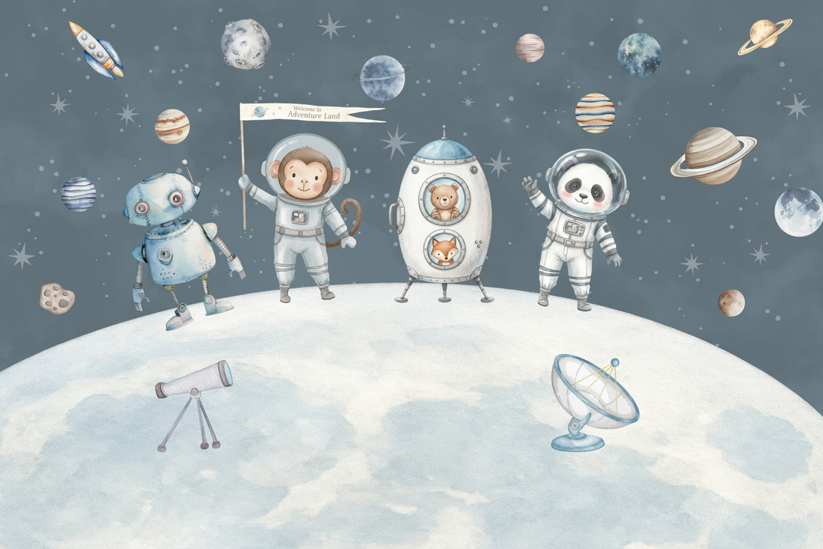 Murale da parete per l’esplorazione spaziale con amici cosmici in your room — zoomed