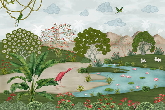 Murale da parete con flora incantata lungo il fiume