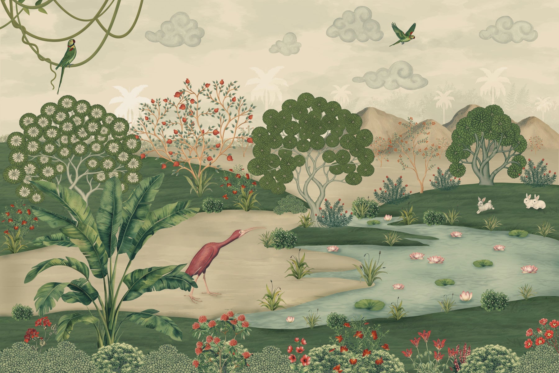Botanical Heron Meadow Wall Mural