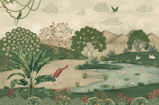 Botanical Heron Meadow Wall Mural