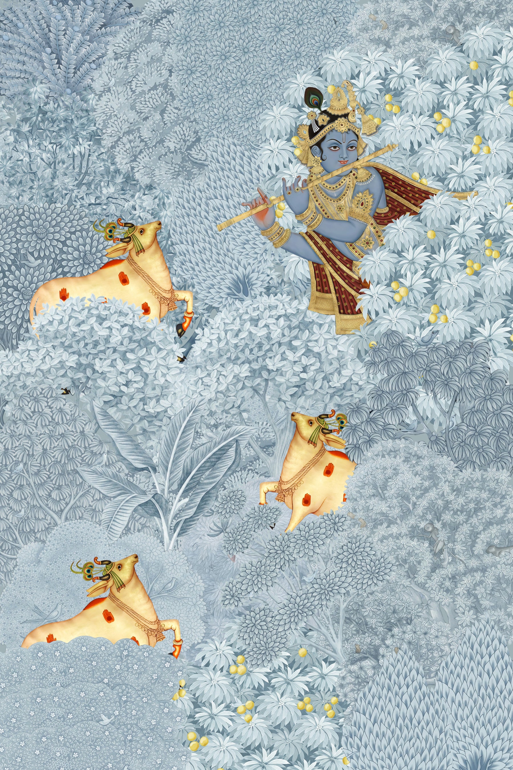 Wandbild „Krishna und Kühe im Wald“