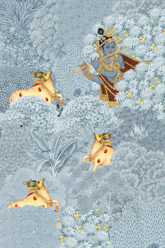 Murale da parete con scena di Krishna e mucche nella foresta