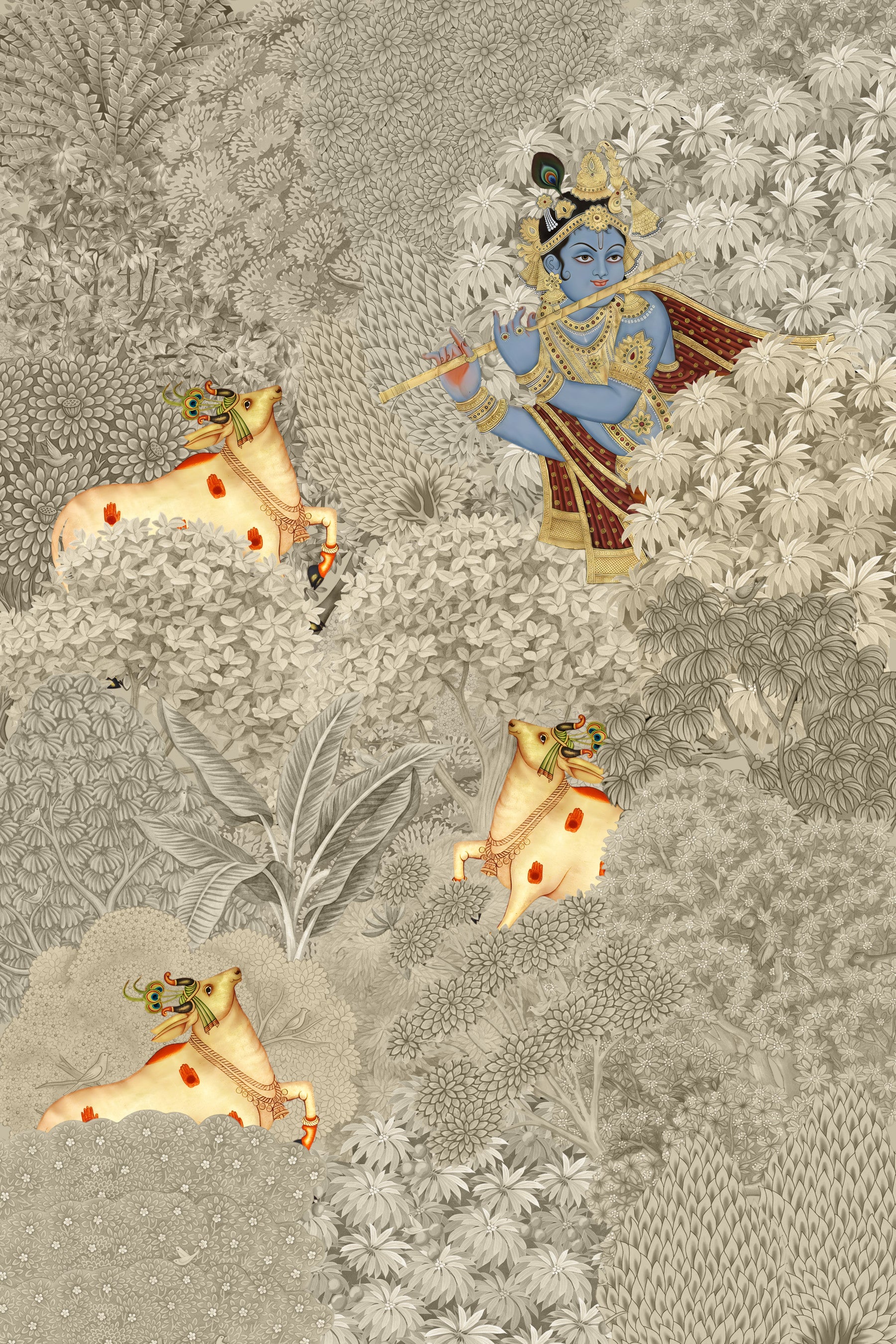 Vægmaleri med Krishna og køer i en skovscene