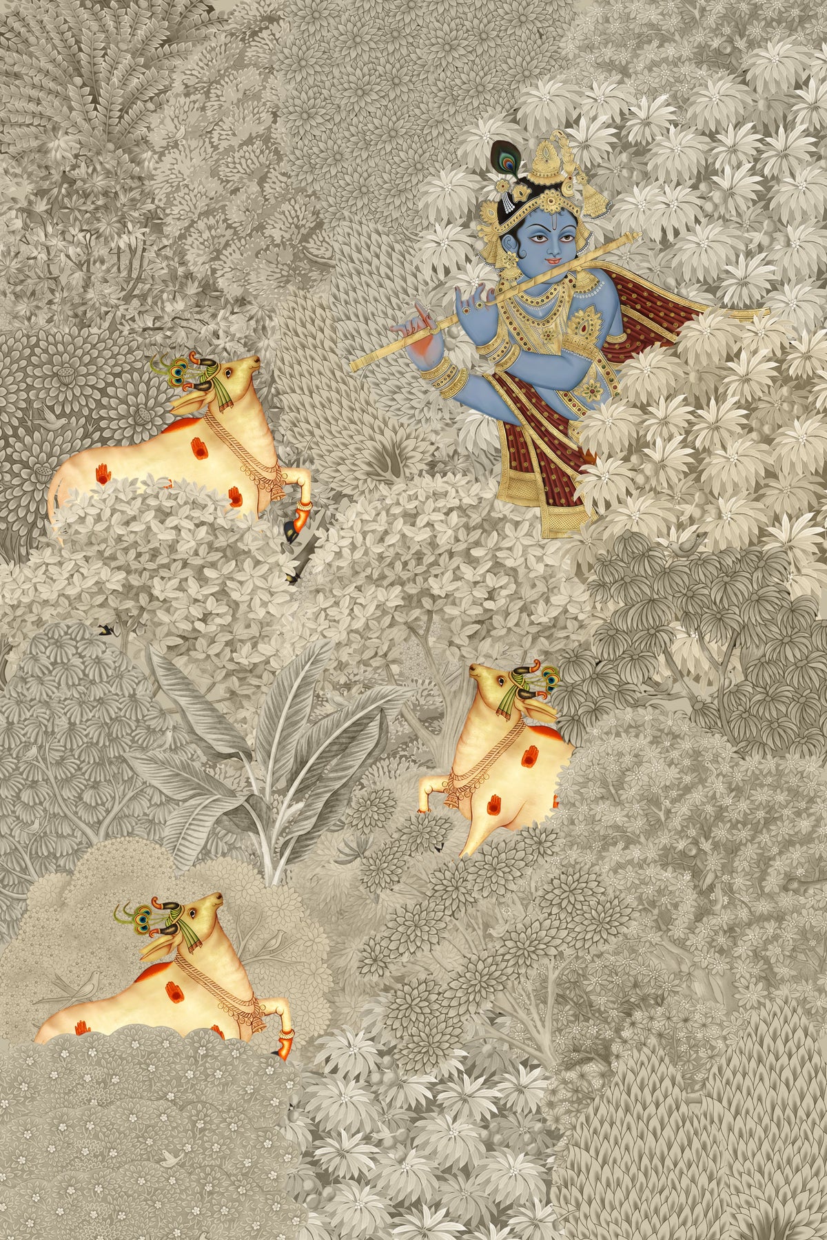 Wandbild mit Krishna und Kühen in einer Waldszene in your room