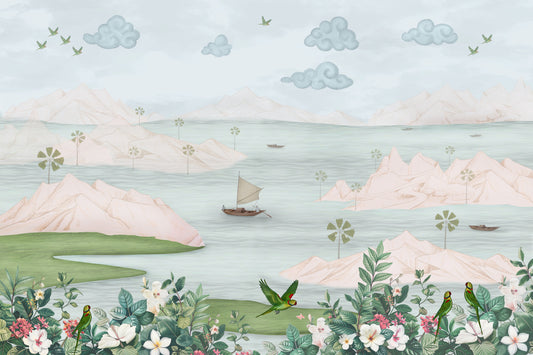 Murale da parete «Paradiso floreale e pappagallo esotico»