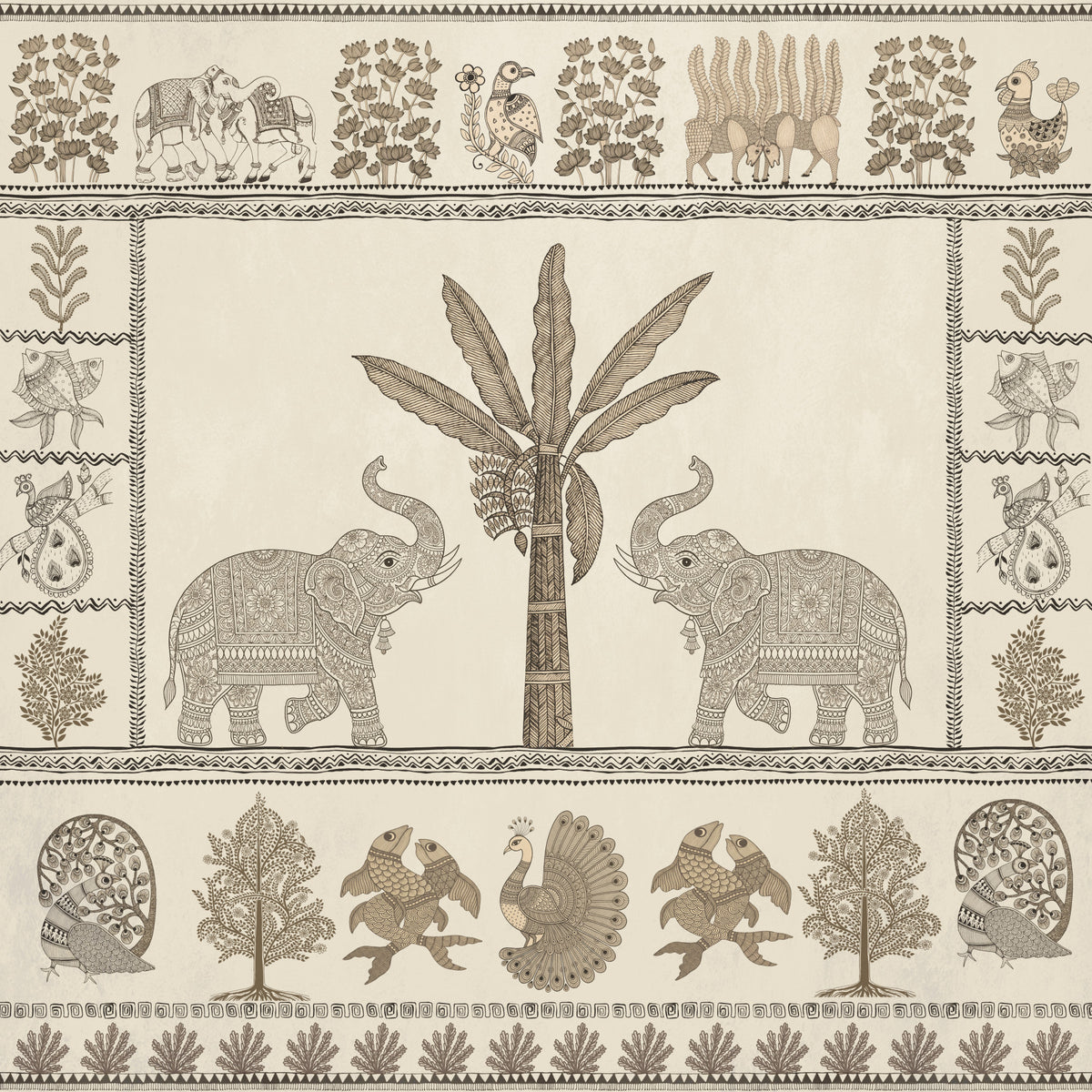 Murale da parete con elefante e albero, ispirato al patrimonio indiano in your room