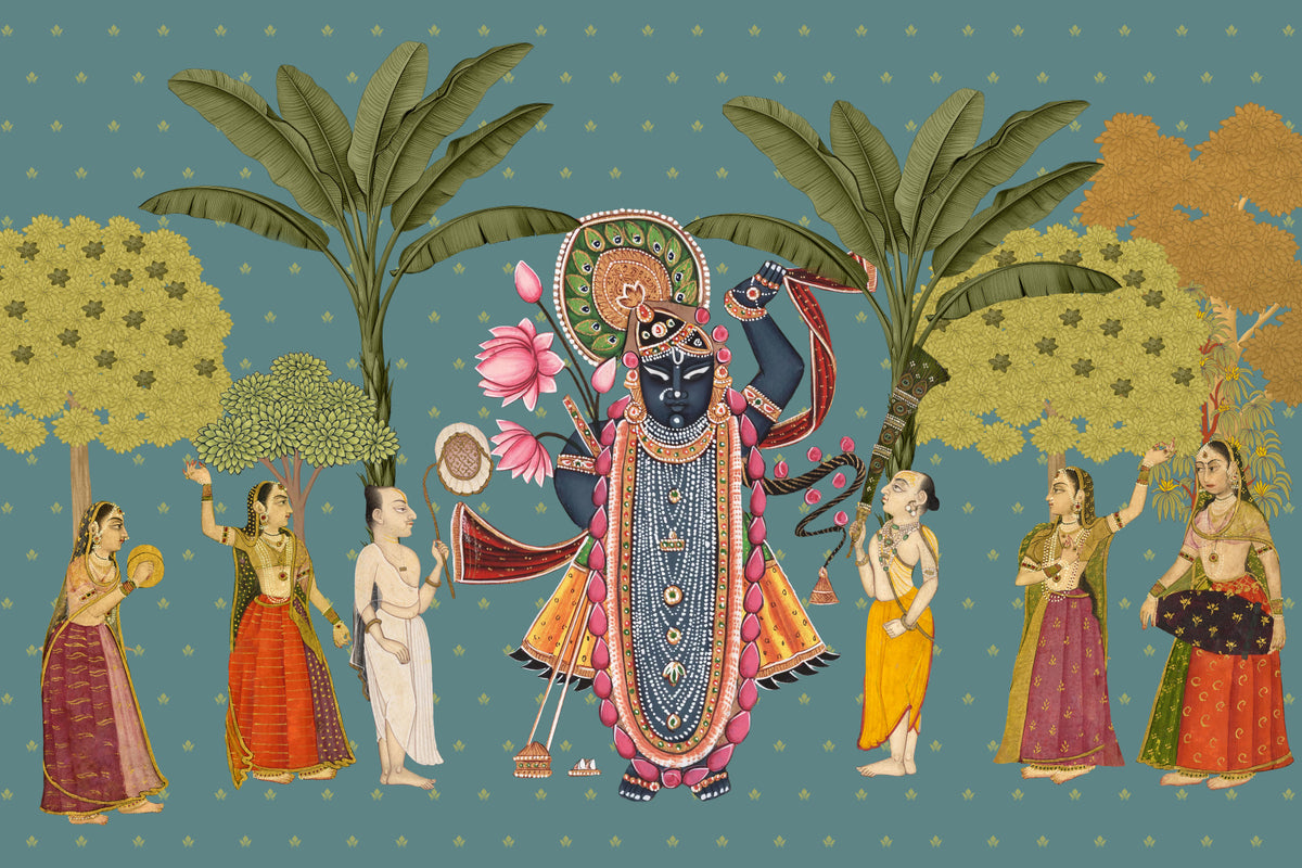 Krishna-aiheinen jumalallinen puutarhakuvitusseinämaalaus in your room
