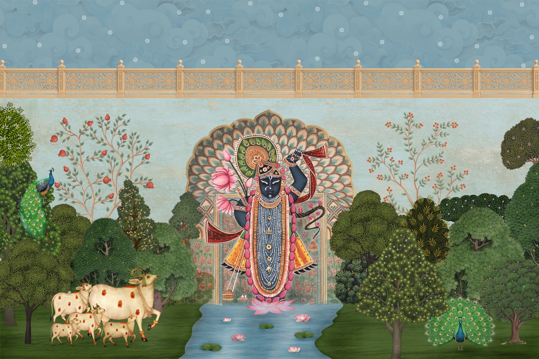 Mural de pared con paisaje del jardín divino de Krishna