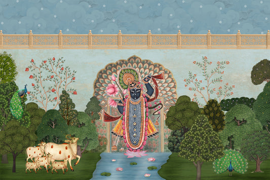 Murale da parete paesaggistico del Giardino Divino di Krishna