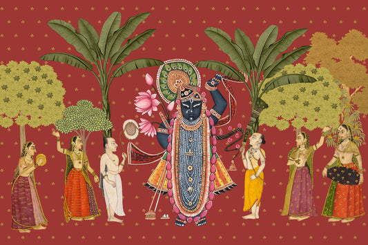Murale da parete di arte tradizionale indiana con Krishna e le Gopi