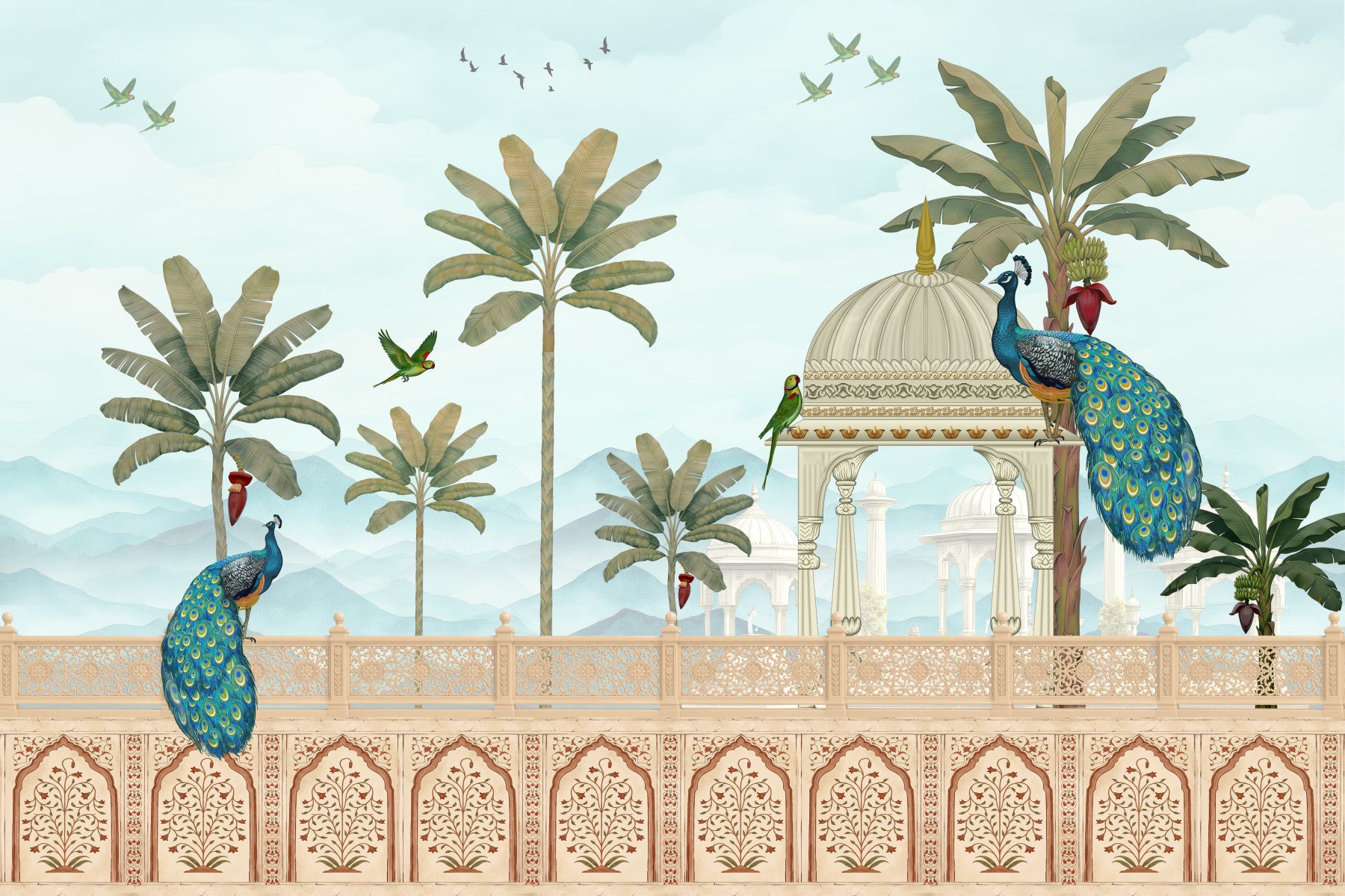Exotic Mughal Pavilion and Peacocks Wall Mural