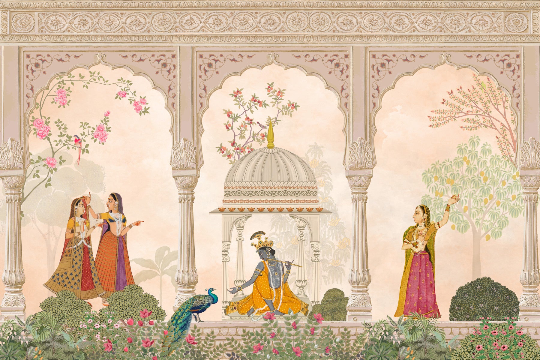 Fresque murale représentant Krishna et les gopis dans une scène traditionnelle de cour indienne