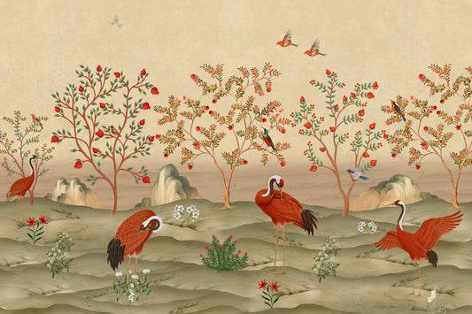 Papier peint panoramique « Grues cramoisies dans un verger de grenadiers »