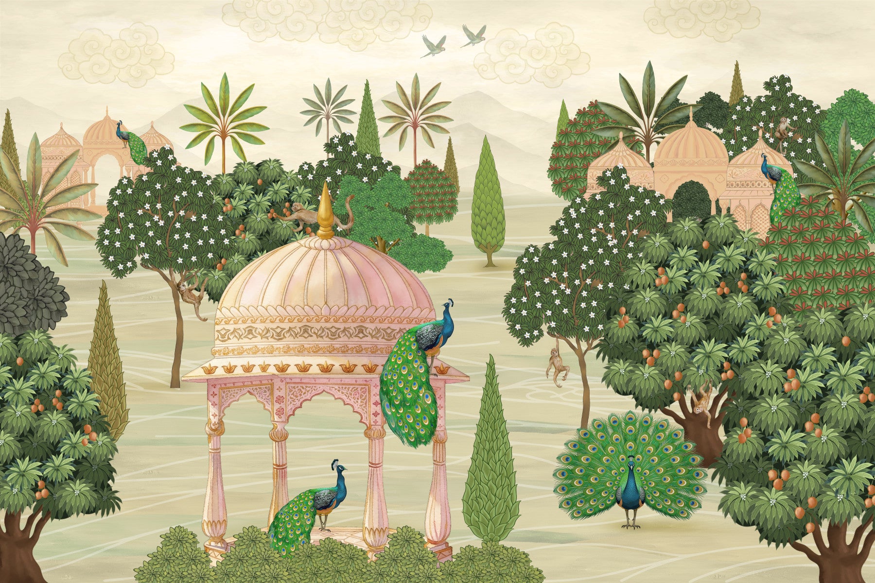 Fresque murale « Paons et temples du jardin royal »