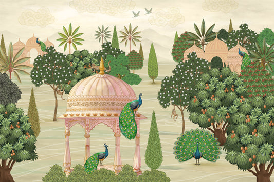 Fotomurale da parete con pavoni e templi del giardino reale