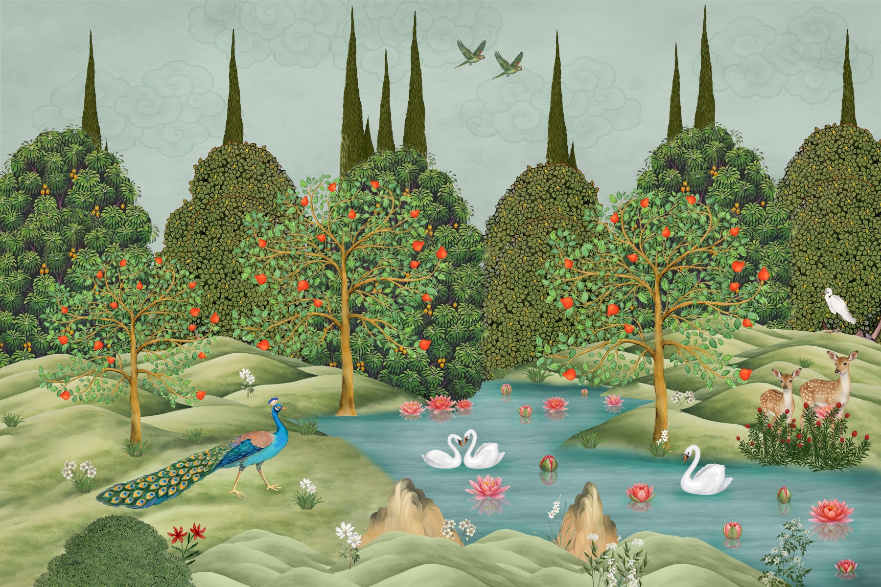 Murale da parete con scena di fauna selvatica in un giardino incantato