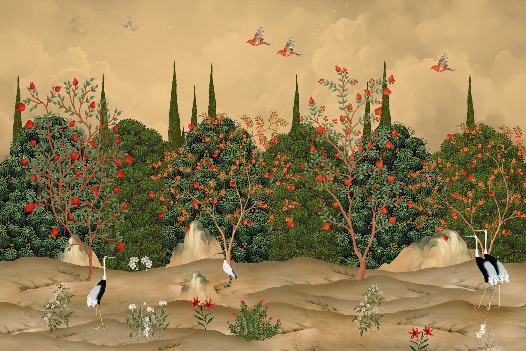 Botanische Granatapfelhain-Illustration als Wandbild