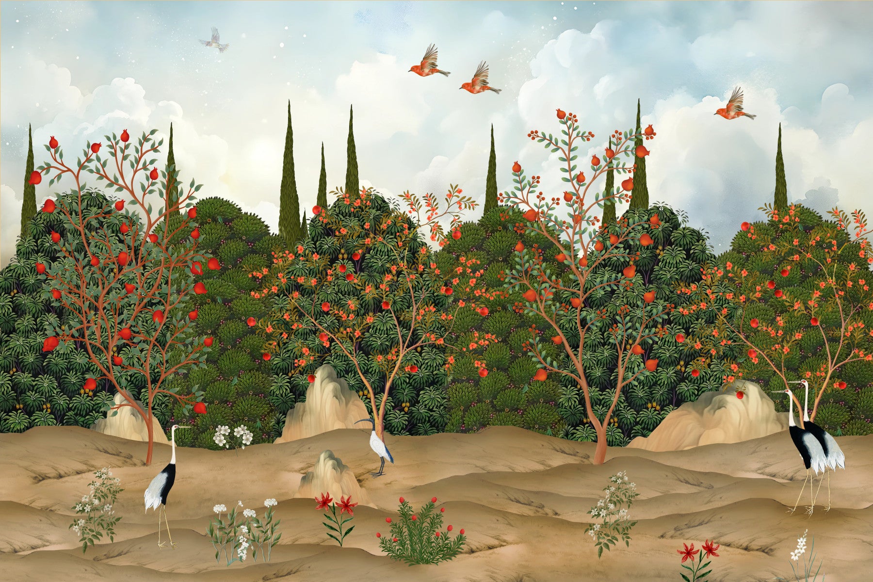 Wandbild „Obstgarten mit Kranichen und Granatäpfeln“