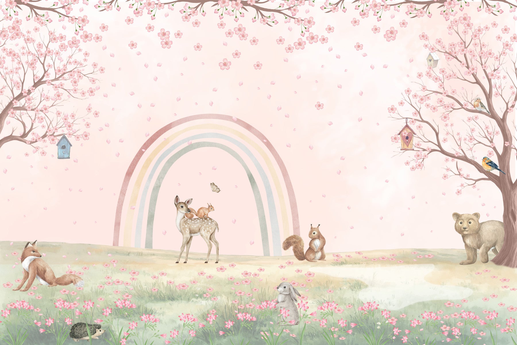 Fresque murale « Amis de la forêt fantaisistes avec arc-en-ciel pastel »