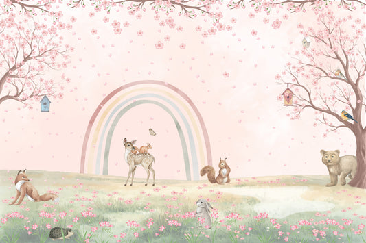 Amici del bosco fiabeschi con murale da parete dai colori tenui dell’arcobaleno