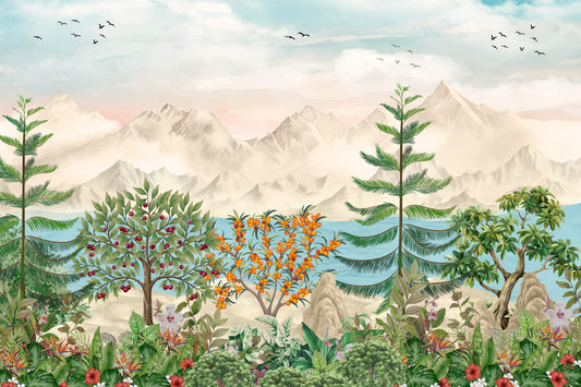 Murale panoramico da parete con vista serena su montagne e frutteti