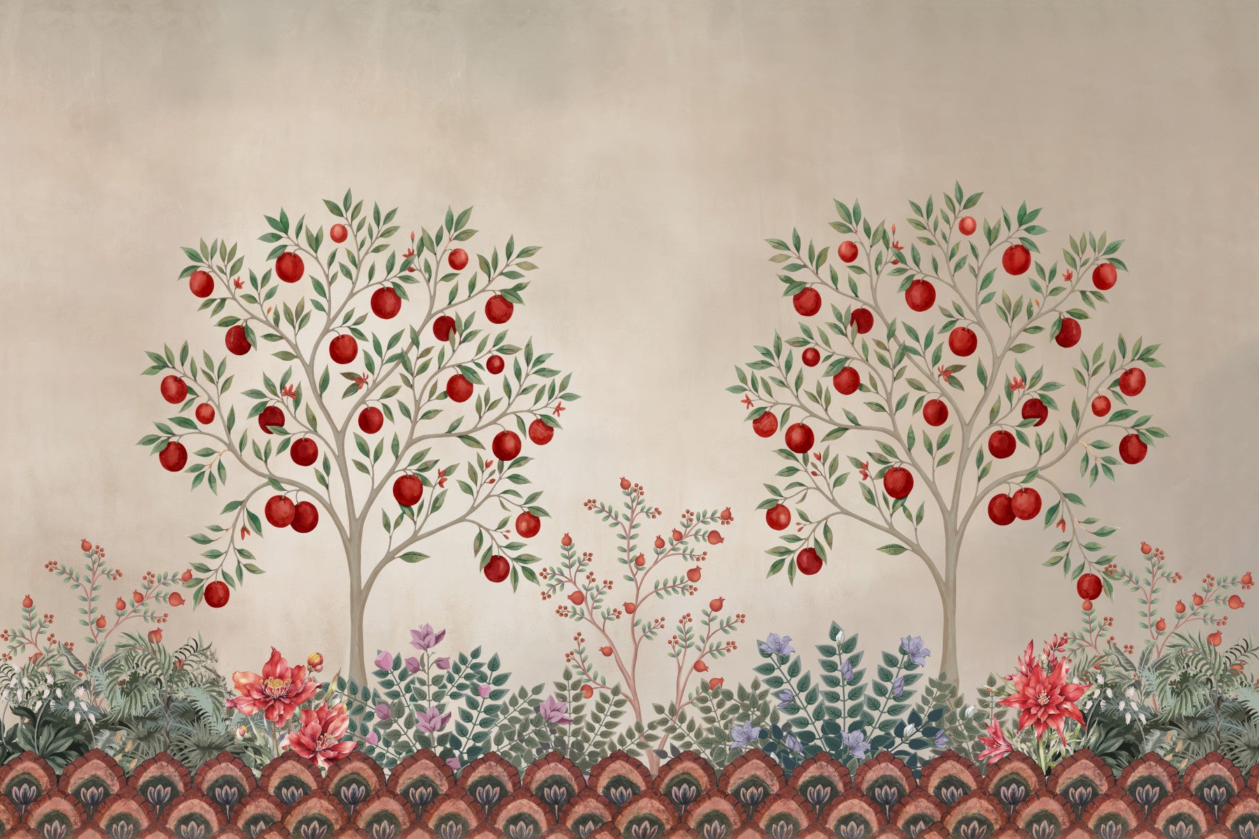 Papier peint panoramique imprimé « Verger fruitier rustique » d’inspiration patrimoniale