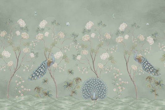 Murale da parete con scena di pavoni e giardino color salvia
