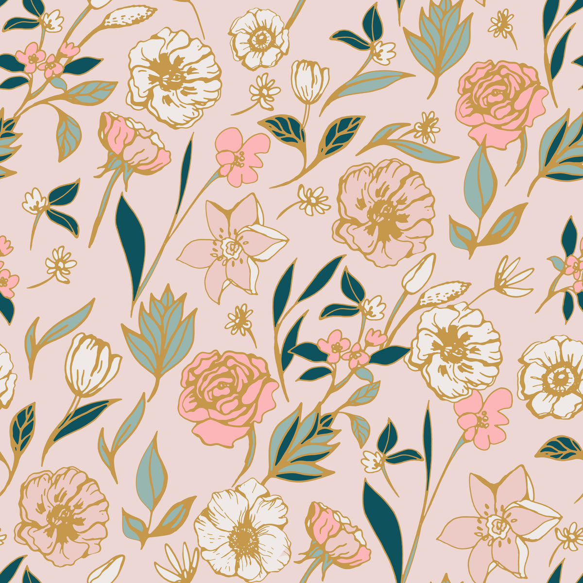 Tapete mit zarter Blush-Botanikgarten-Illustration in your room — zoomed