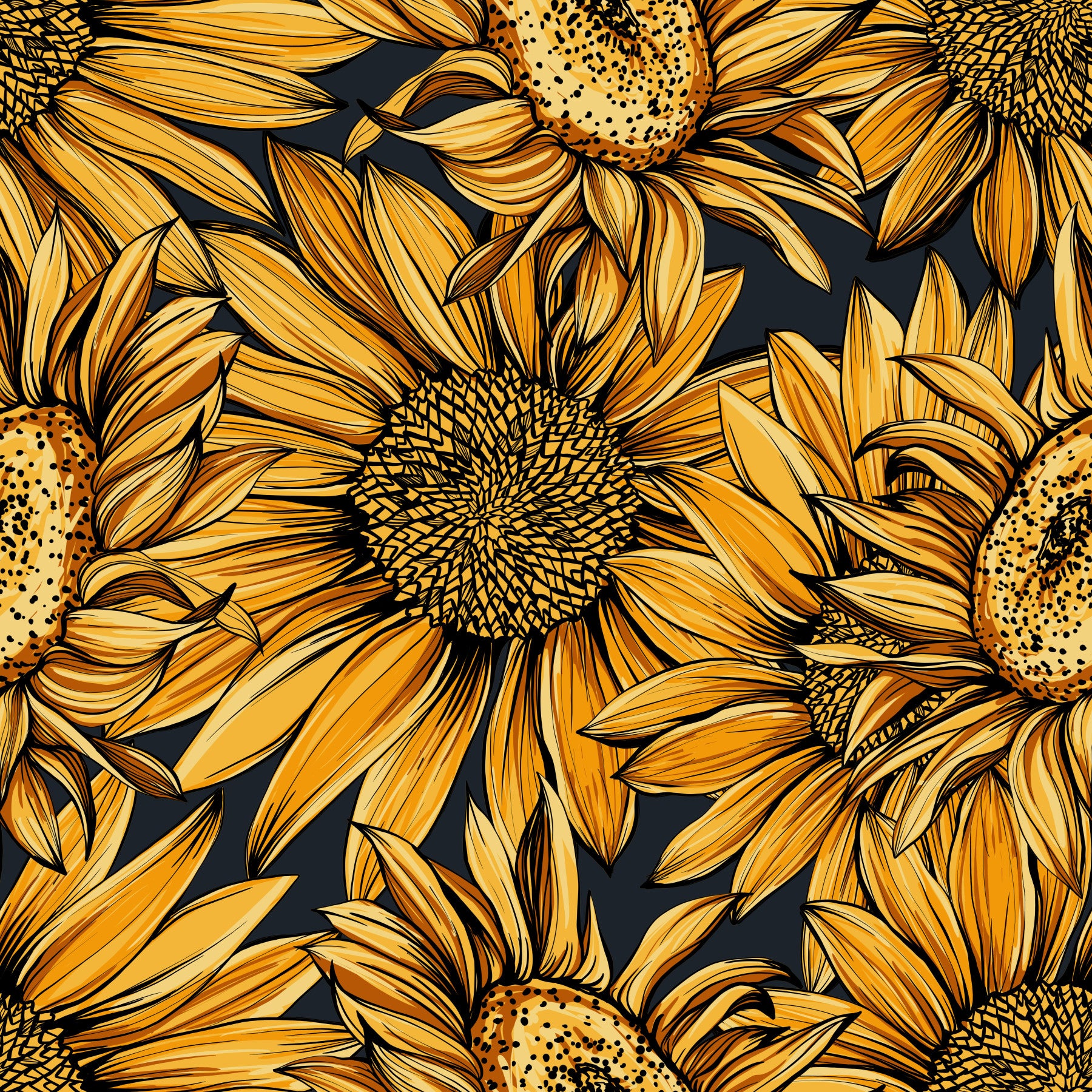 Tapete mit botanischer Illustration einer goldenen Sonnenblume