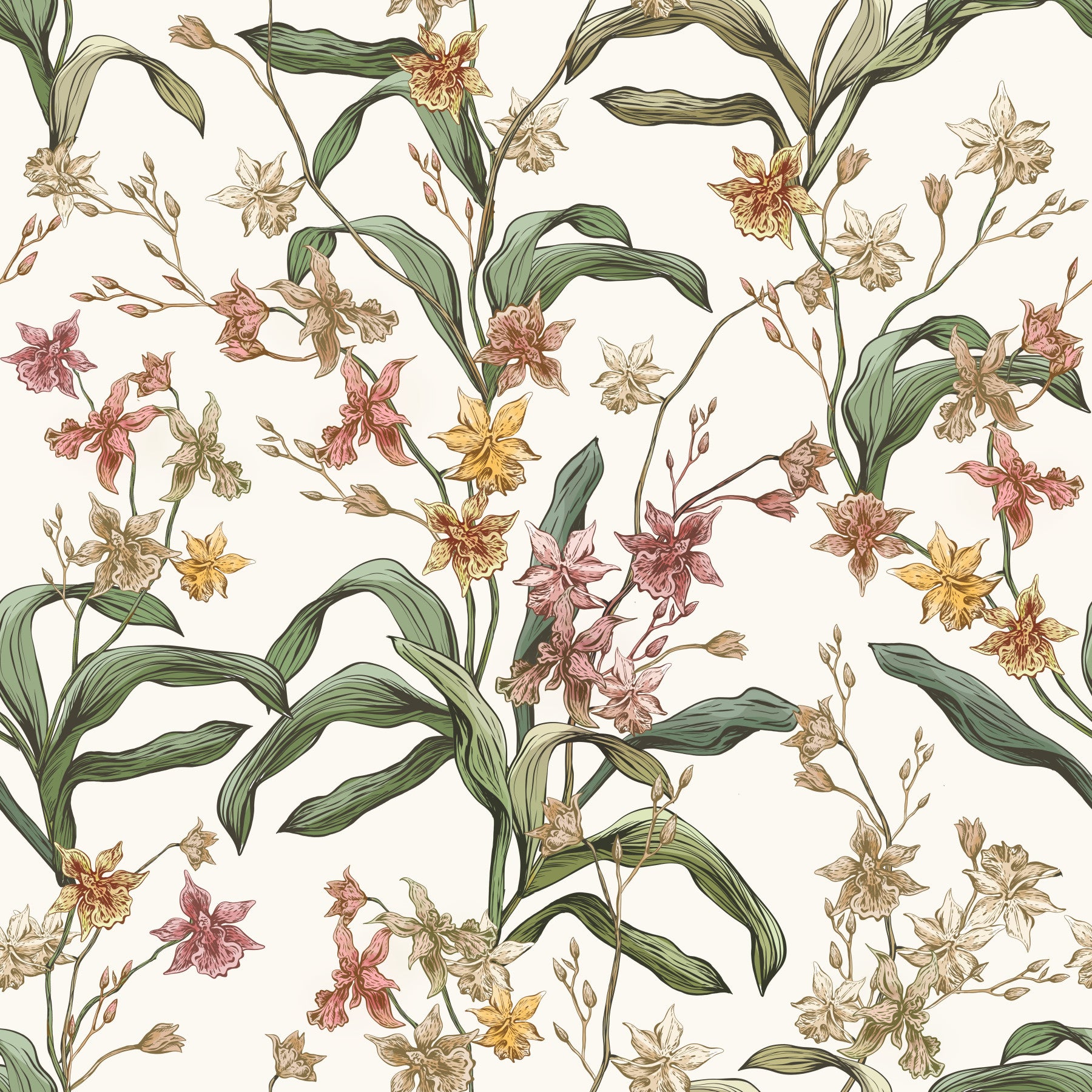 Papier peint vintage avec sentier d’orchidées botaniques