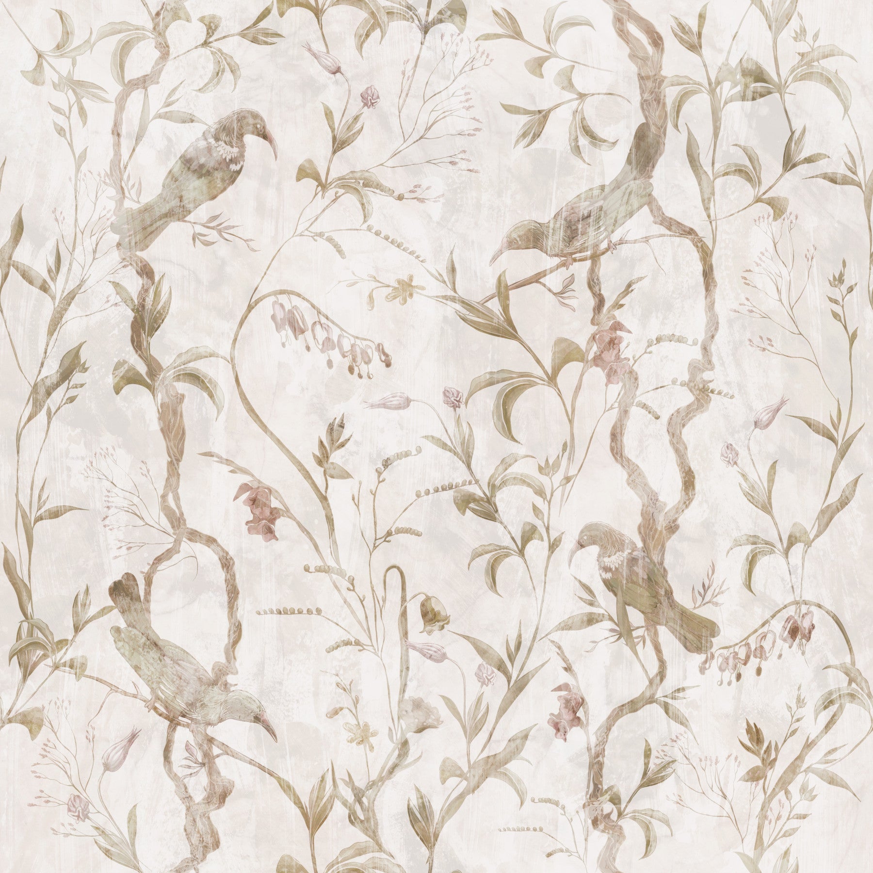Papier peint illustré éthéré représentant des oiseaux et des lianes