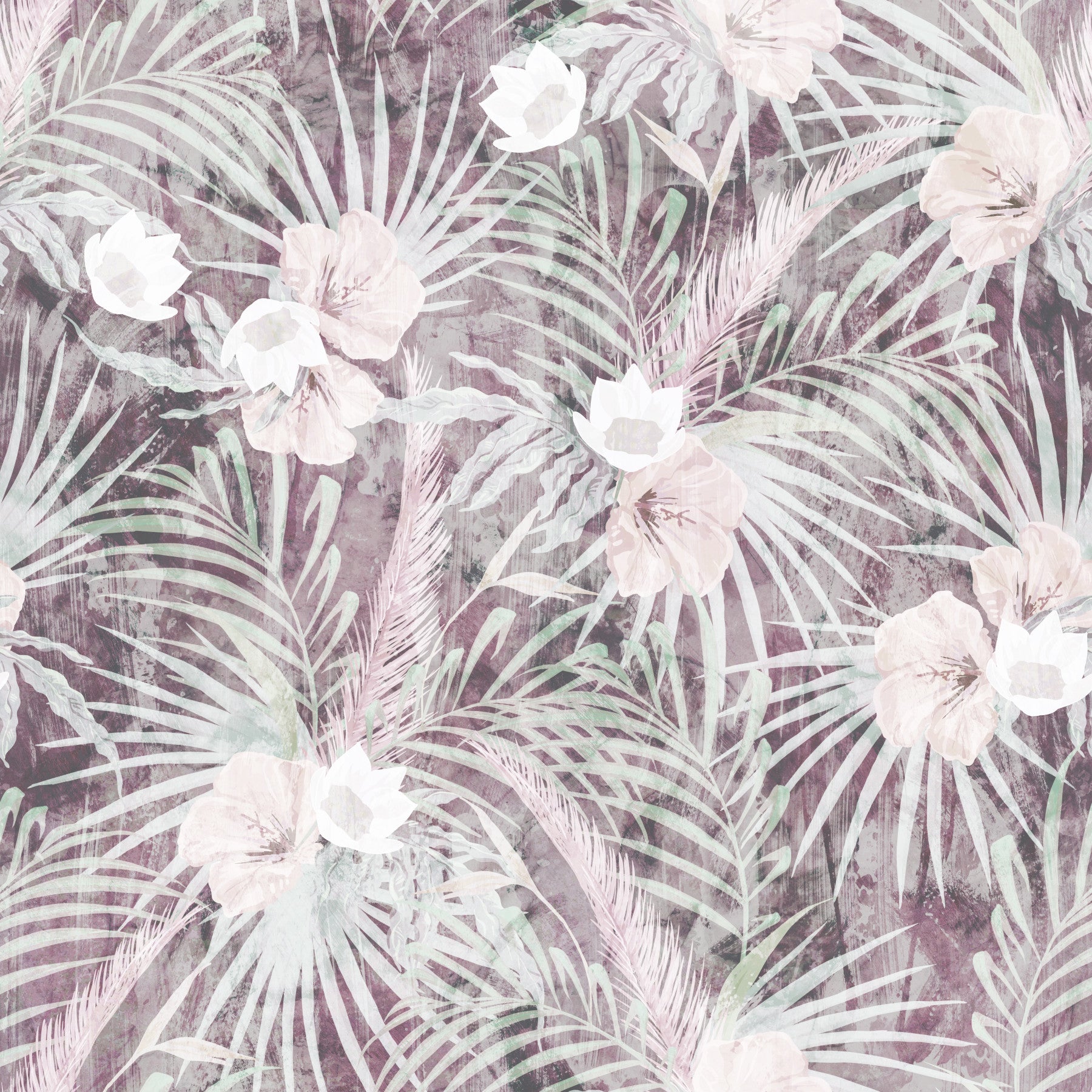 Dezent tropische Palmen- und Blumenmuster-Tapete „Drift“