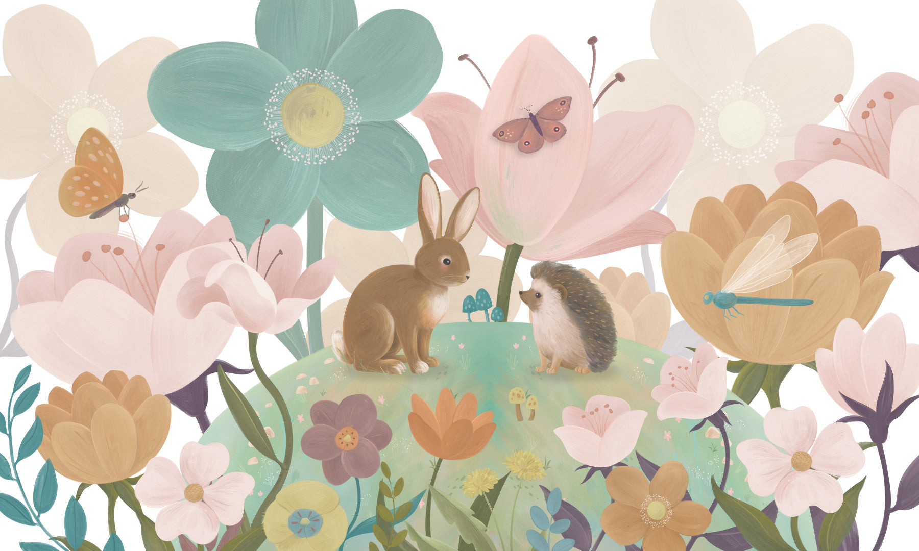 Veggmaleri med engvenner og hageblomster