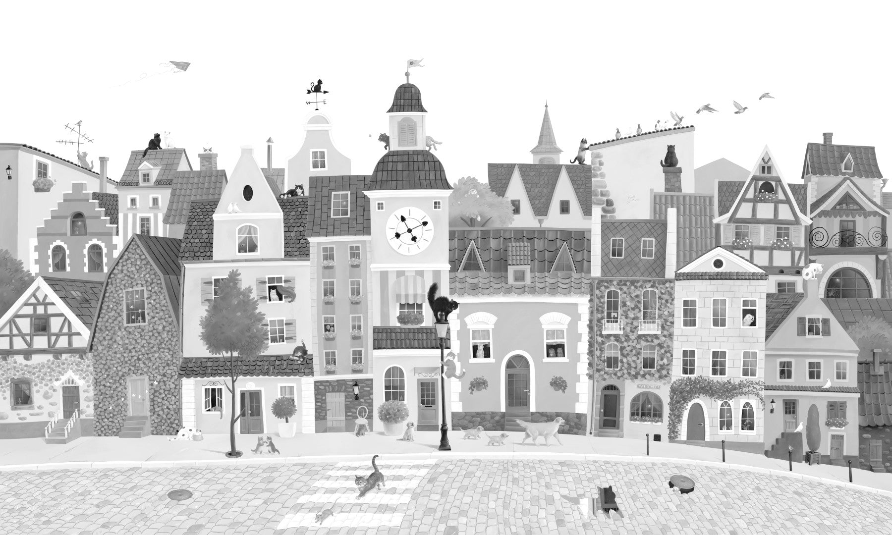 Monochrome town street mural behind a white kids bed with a cube toy shelf GD12395