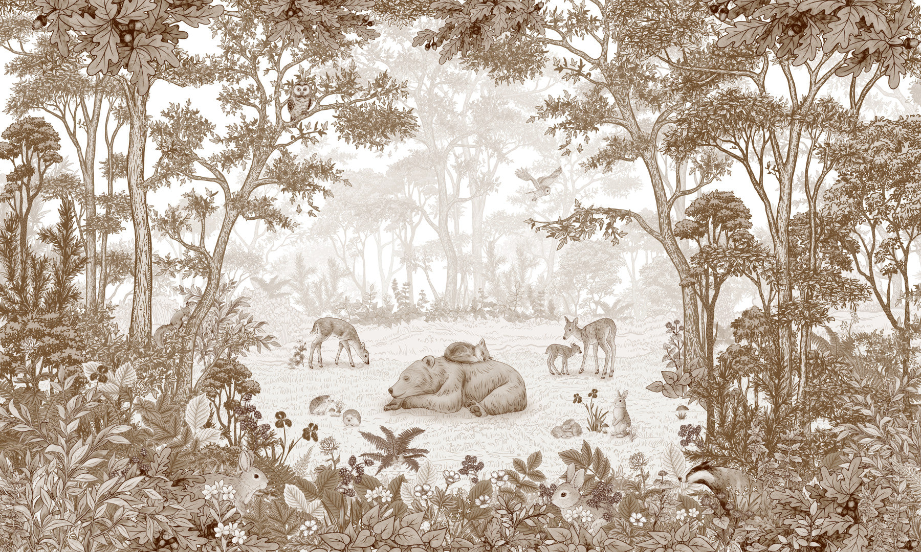 Verzaubertes Waldmotiv mit Wildtieren als Wandgemälde