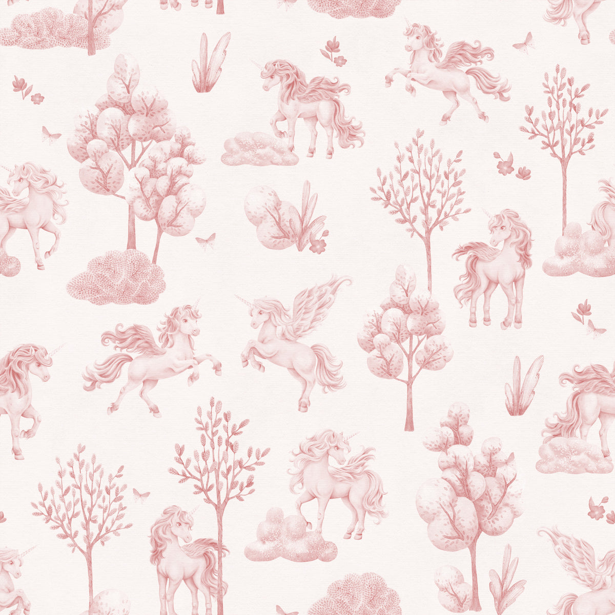 Papier peint « Prairie enchantée de licornes rose poudré »
