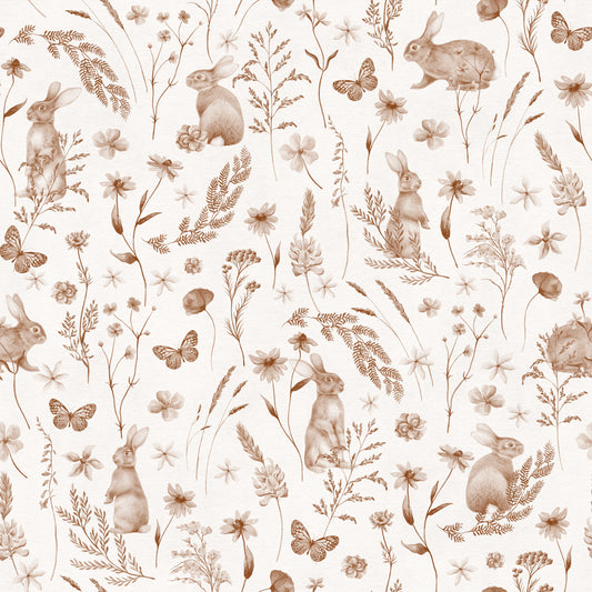 Papier peint champêtre représentant des lapins dans une prairie boisée, style rustique