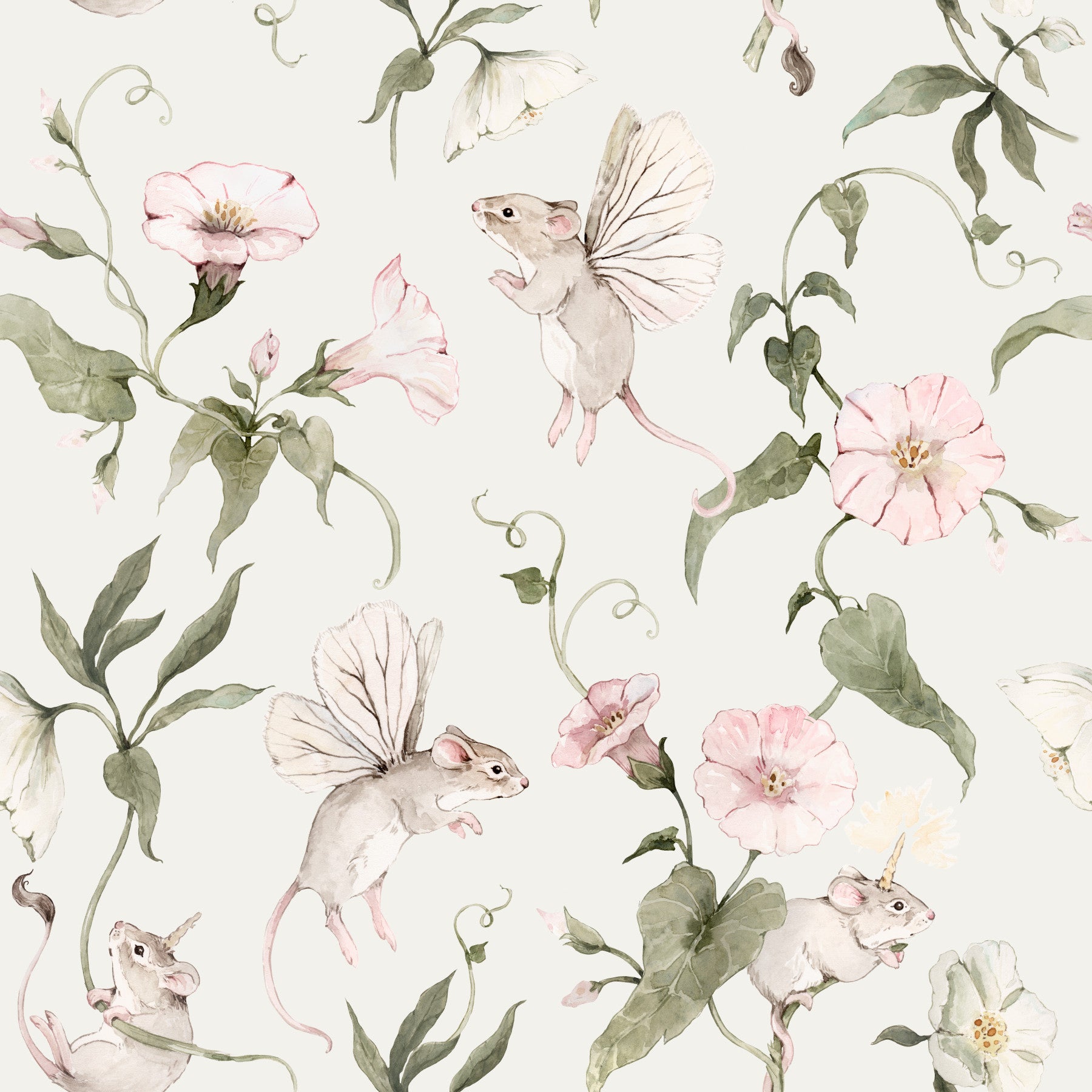 Papier peint représentant une prairie florale enchantée avec des fées⁠