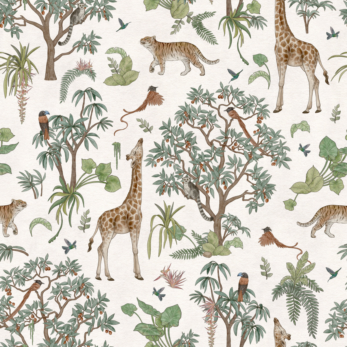 Papier peint sentier forestier avec animaux sauvages exotiques in your room — zoomed