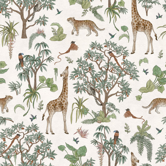 Papier peint sentier forestier avec animaux sauvages exotiques