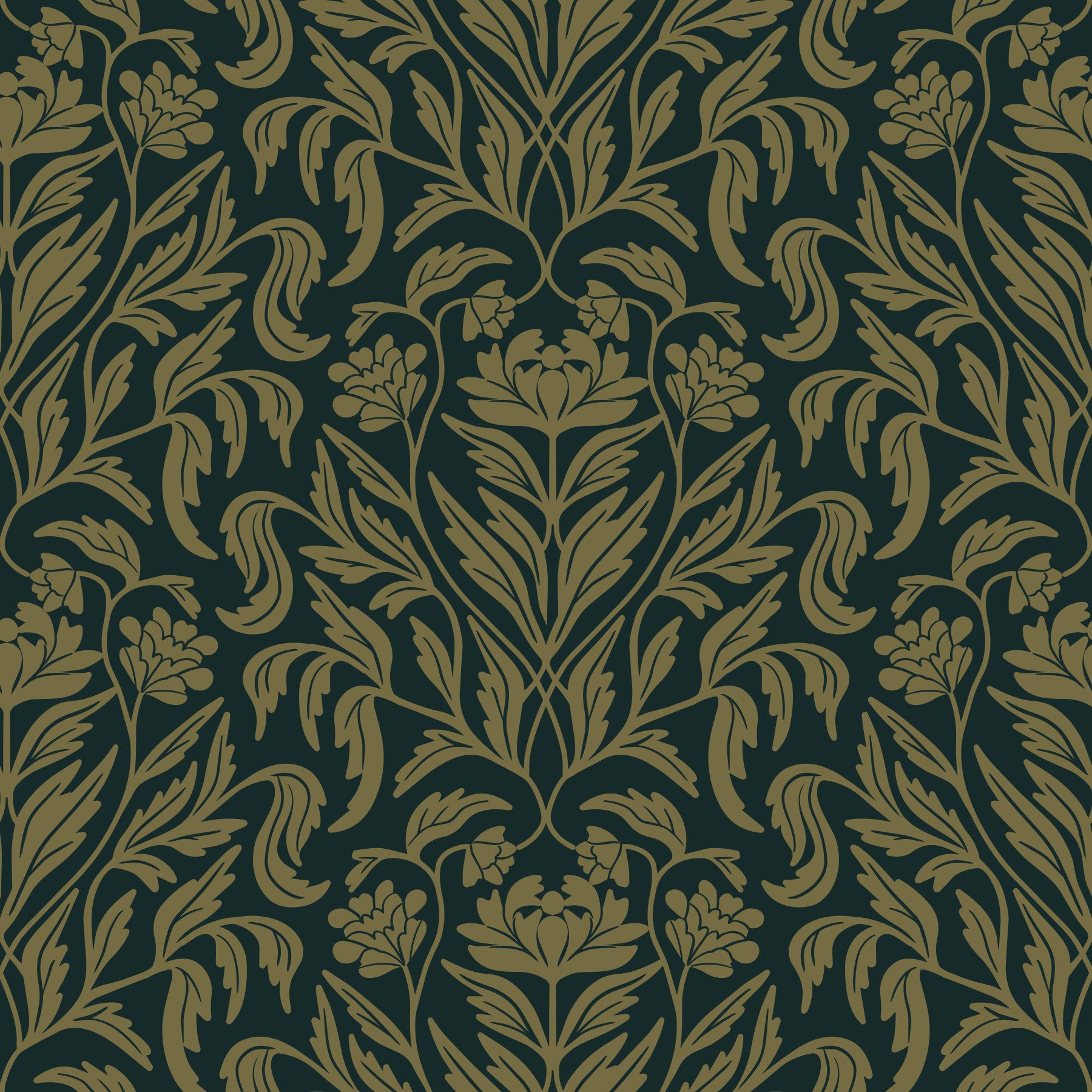Papier peint botanique damassé vert ancien Art nouveau