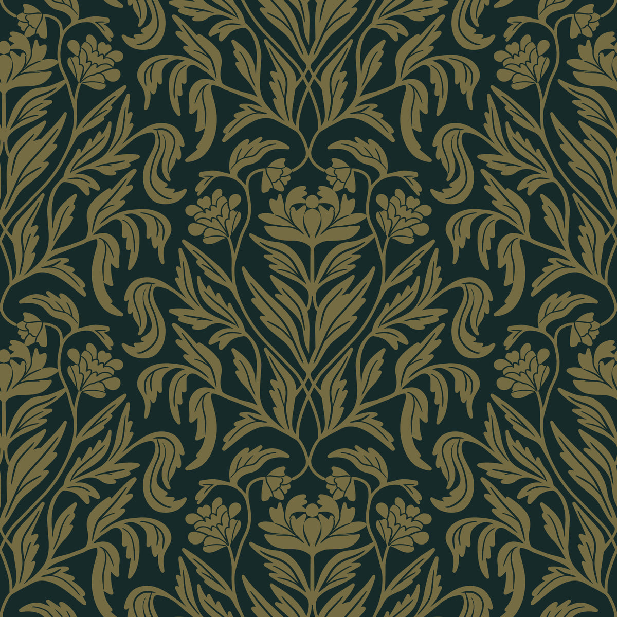 Papier peint botanique damassé vert ancien Art nouveau
