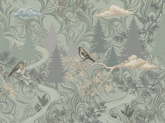 Wandbild „Nebliger Kiefernwald mit Vögeln“
