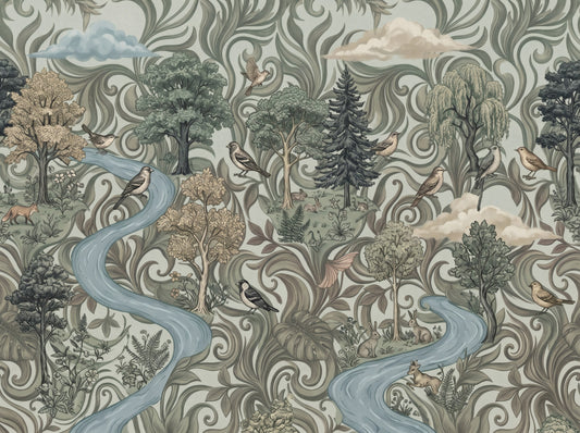 Wandbild „Flucht am Fluss im nebligen Wald“